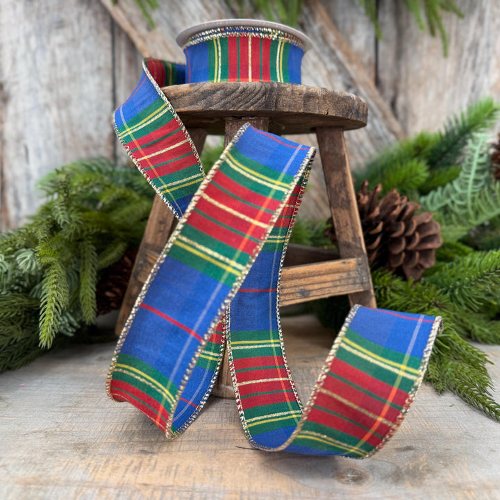 1.5" Blue Tartan Plaid Ribbon, Christmas Plaid Wired Ribbon, Blue Chirstmas Plaid RIbbon