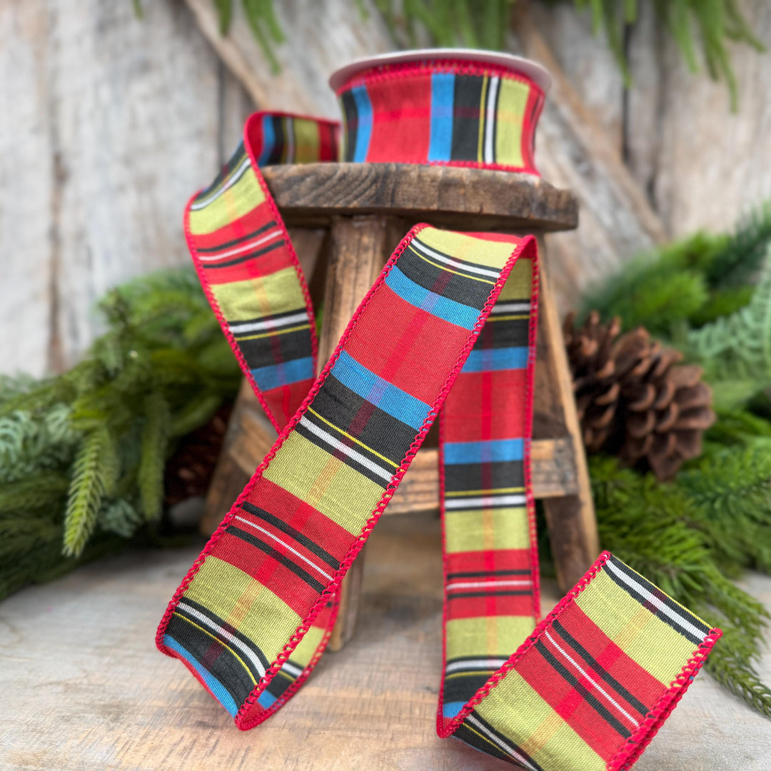 1.5" Red Tartan Plaid Ribbon, Christmas Plaid Wired Ribbon, Red Chirstmas Plaid RIbbon