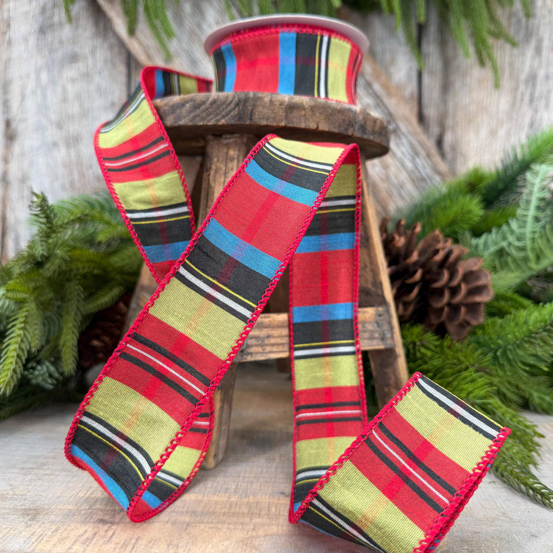 1.5" Red Tartan Plaid Ribbon, Christmas Plaid Wired Ribbon, Red Chirstmas Plaid RIbbon