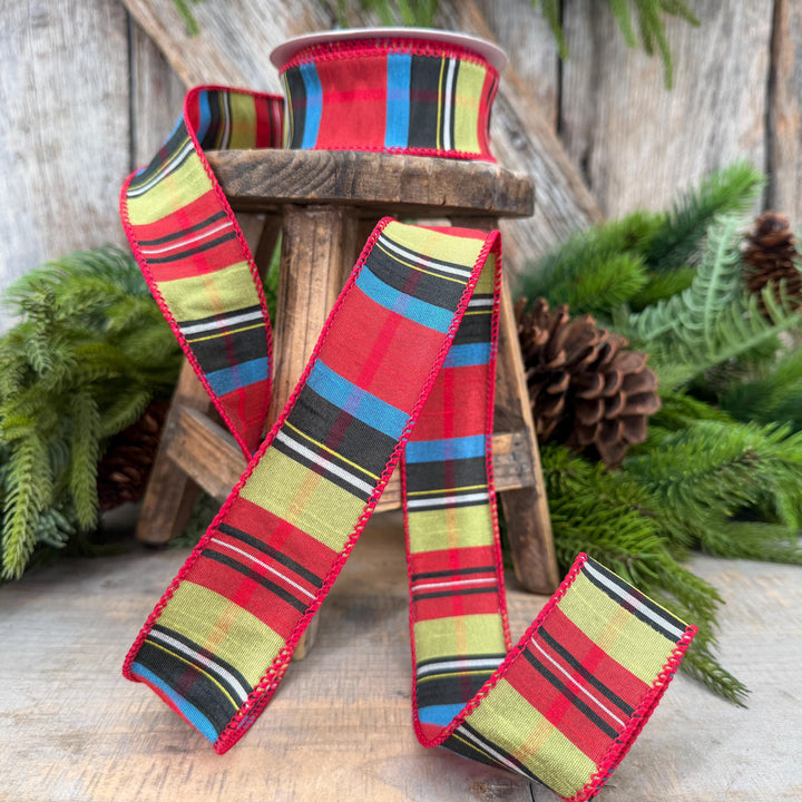 1.5" Red Tartan Plaid Ribbon, Christmas Plaid Wired Ribbon, Red Chirstmas Plaid RIbbon
