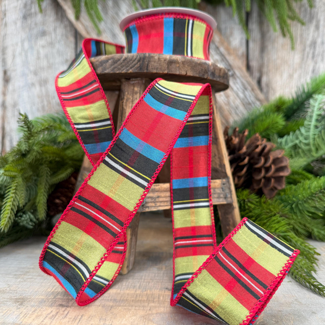 1.5" Red Tartan Plaid Ribbon, Christmas Plaid Wired Ribbon, Red Chirstmas Plaid RIbbon