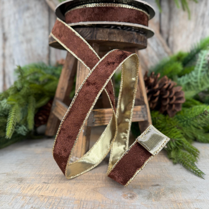 1" Chocolate Brown Velet ribbon with metallic gold backing