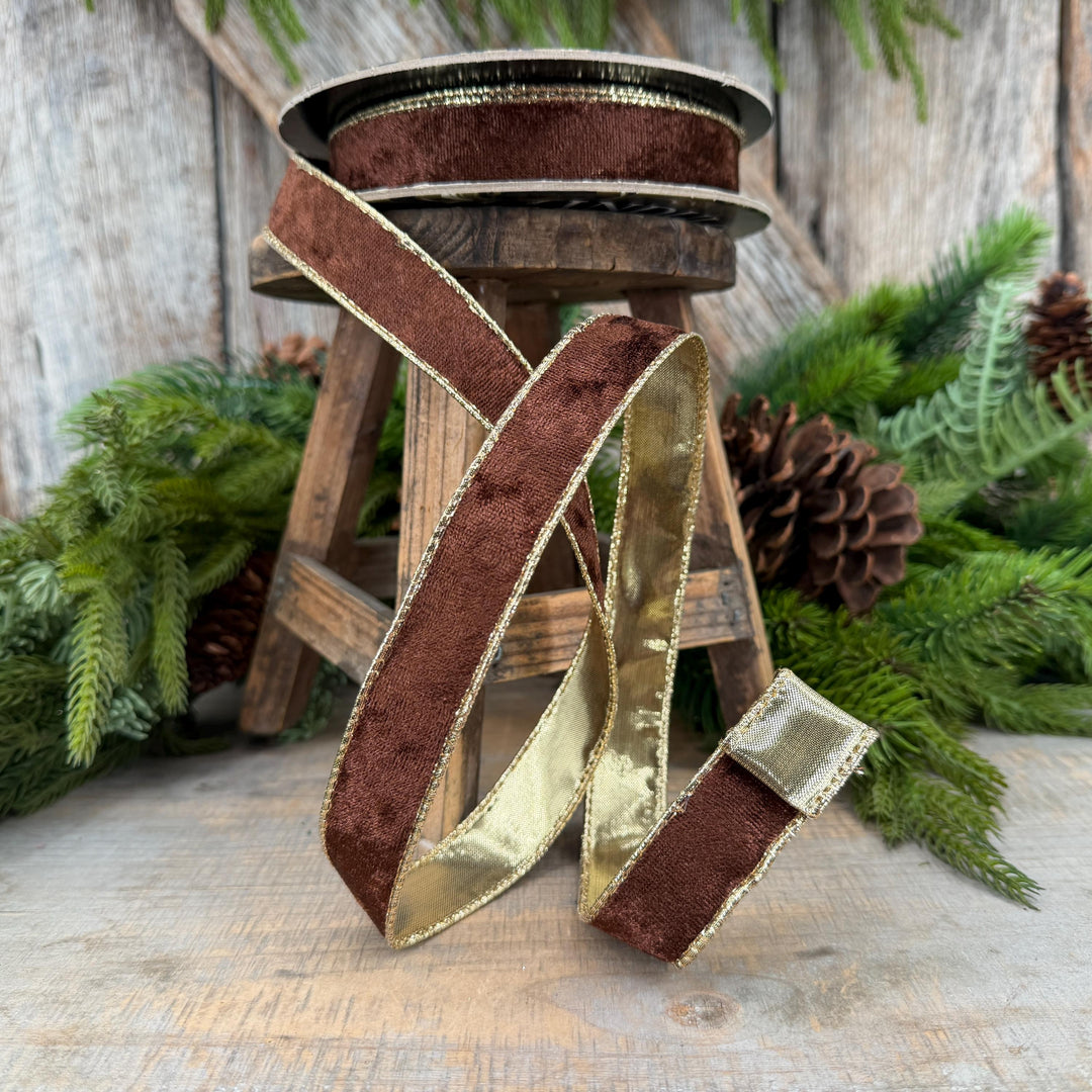 1" Chocolate Brown Velet ribbon with metallic gold backing