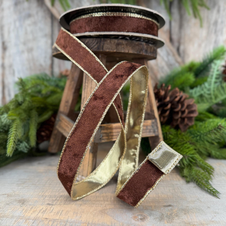 1" Chocolate Brown Velet ribbon with metallic gold backing