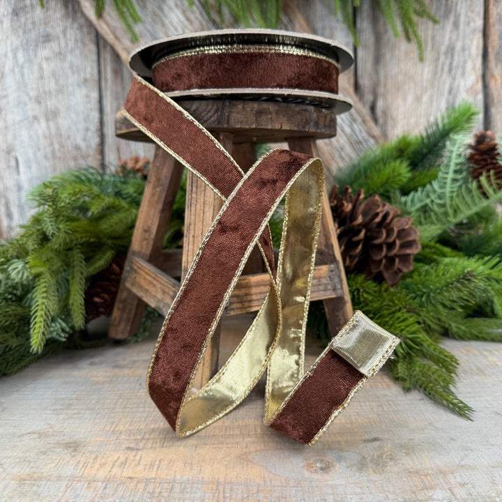 1" Chocolate Brown Velet ribbon with metallic gold backing