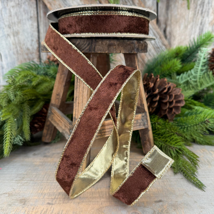 1" Chocolate Brown Velet ribbon with metallic gold backing