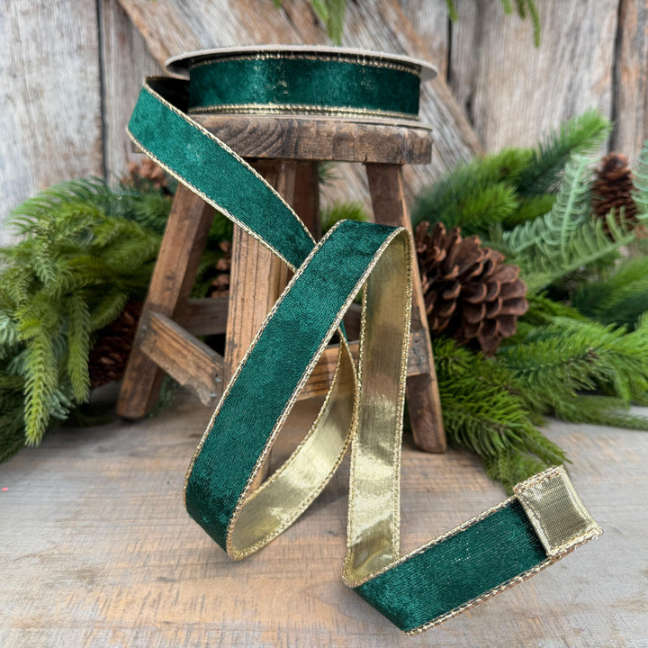 1" Emerald Green Velvet ribbon with metallic gold backing