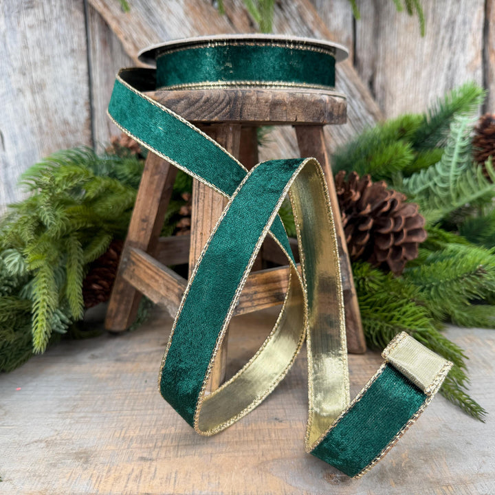 1" Emerald Green Velvet ribbon with metallic gold backing