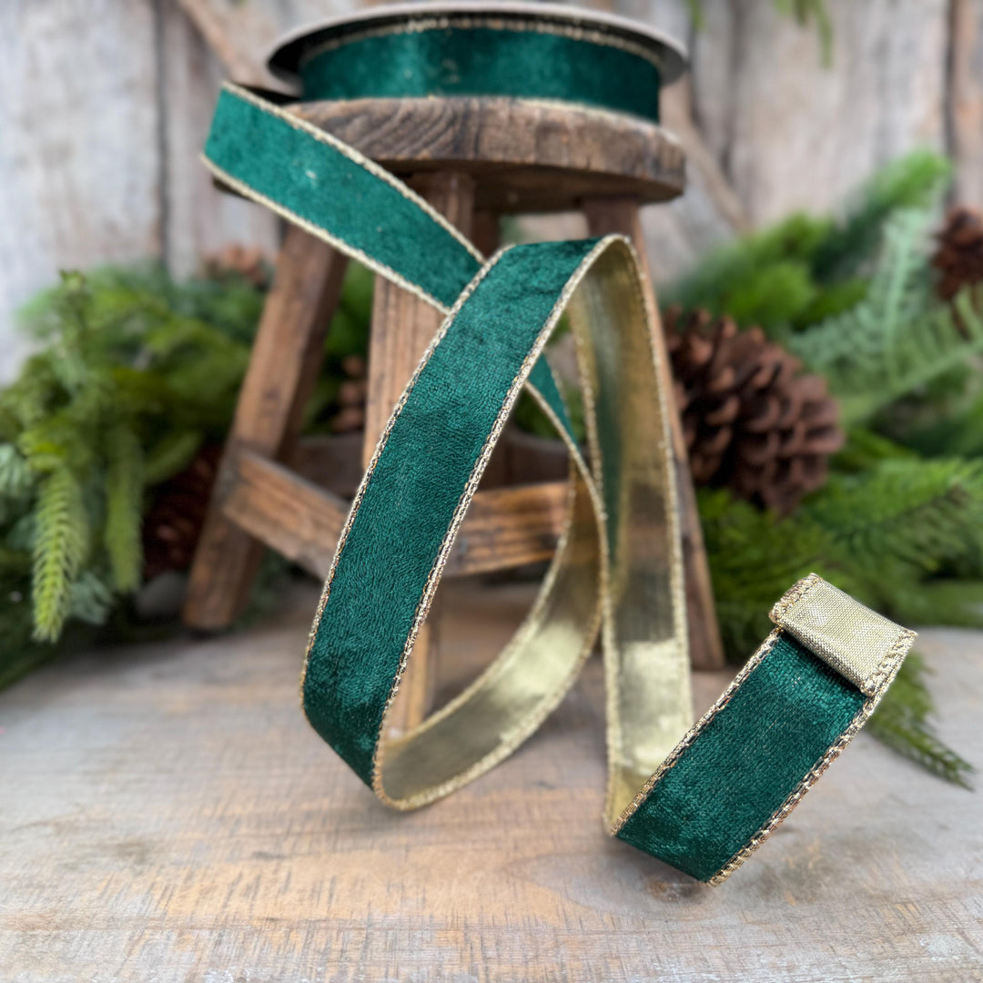 1" Emerald Green Velvet ribbon with metallic gold backing