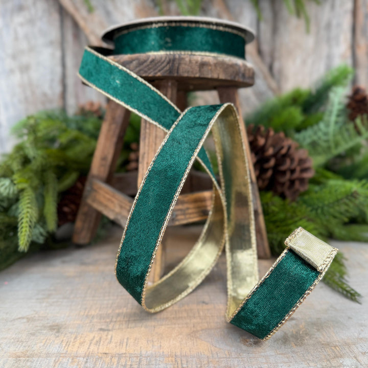 1" Emerald Green Velvet ribbon with metallic gold backing
