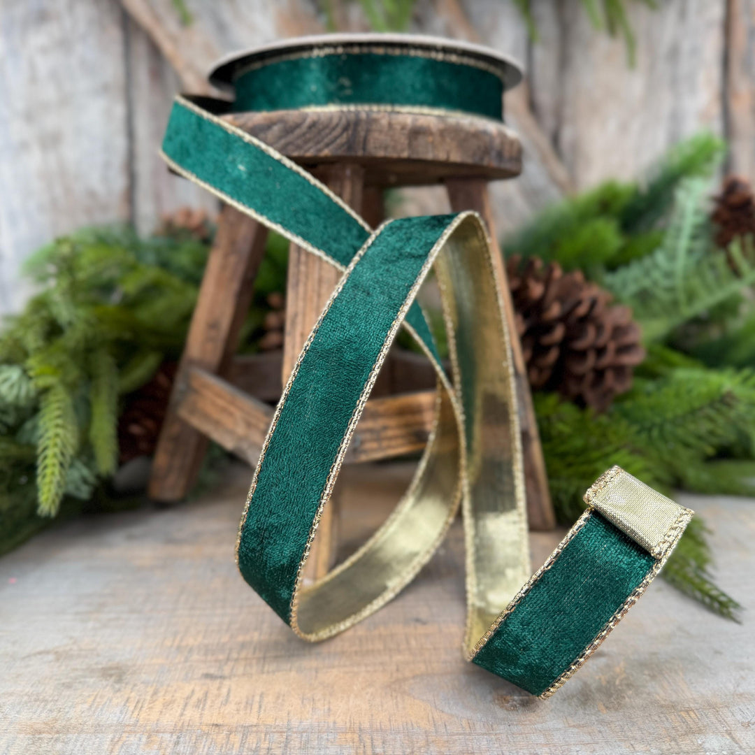 1" Emerald Green Velvet ribbon with metallic gold backing