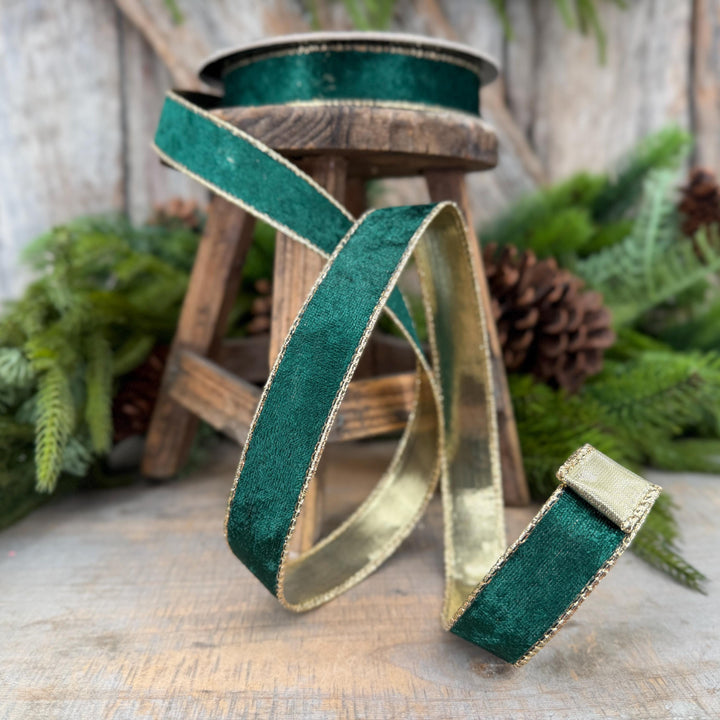 1" Emerald Green Velvet ribbon with metallic gold backing