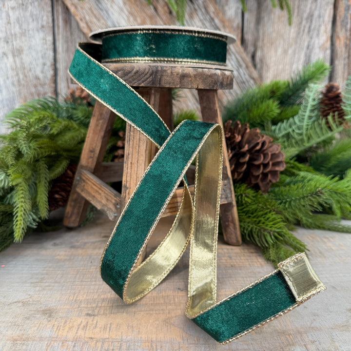 1" Emerald Green Velvet ribbon with metallic gold backing