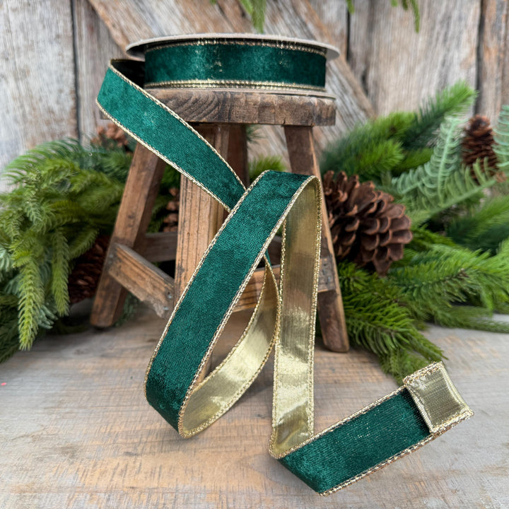 1" Emerald Green Velvet ribbon with metallic gold backing