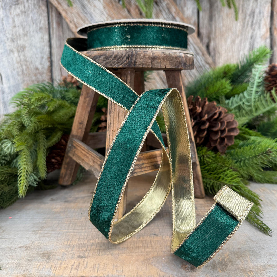 1" Emerald Green Velvet ribbon with metallic gold backing