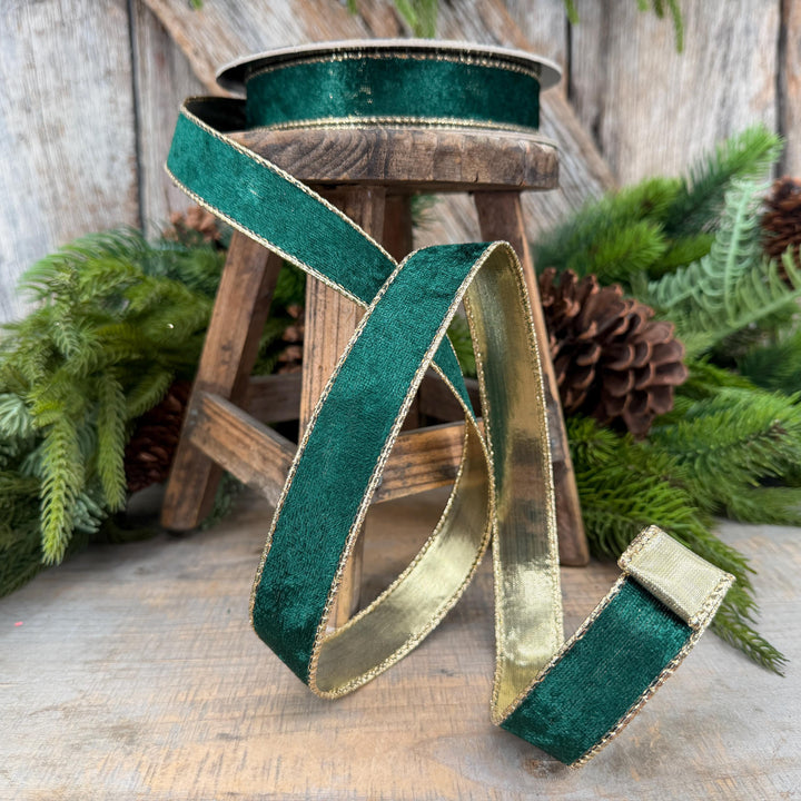 1" Emerald Green Velvet ribbon with metallic gold backing