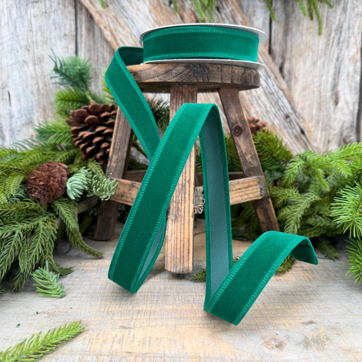 7/8" Green Velvet Ribbon, Green Ribbon, Flocked Ribbon, Narrow Ribbon, Christmas Ribbon, Gift Wrap Ribbon