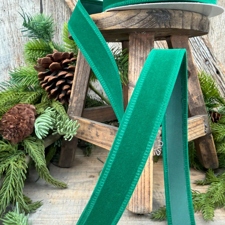 7/8" Green Velvet Ribbon, Green Ribbon, Flocked Ribbon, Narrow Ribbon, Christmas Ribbon, Gift Wrap Ribbon