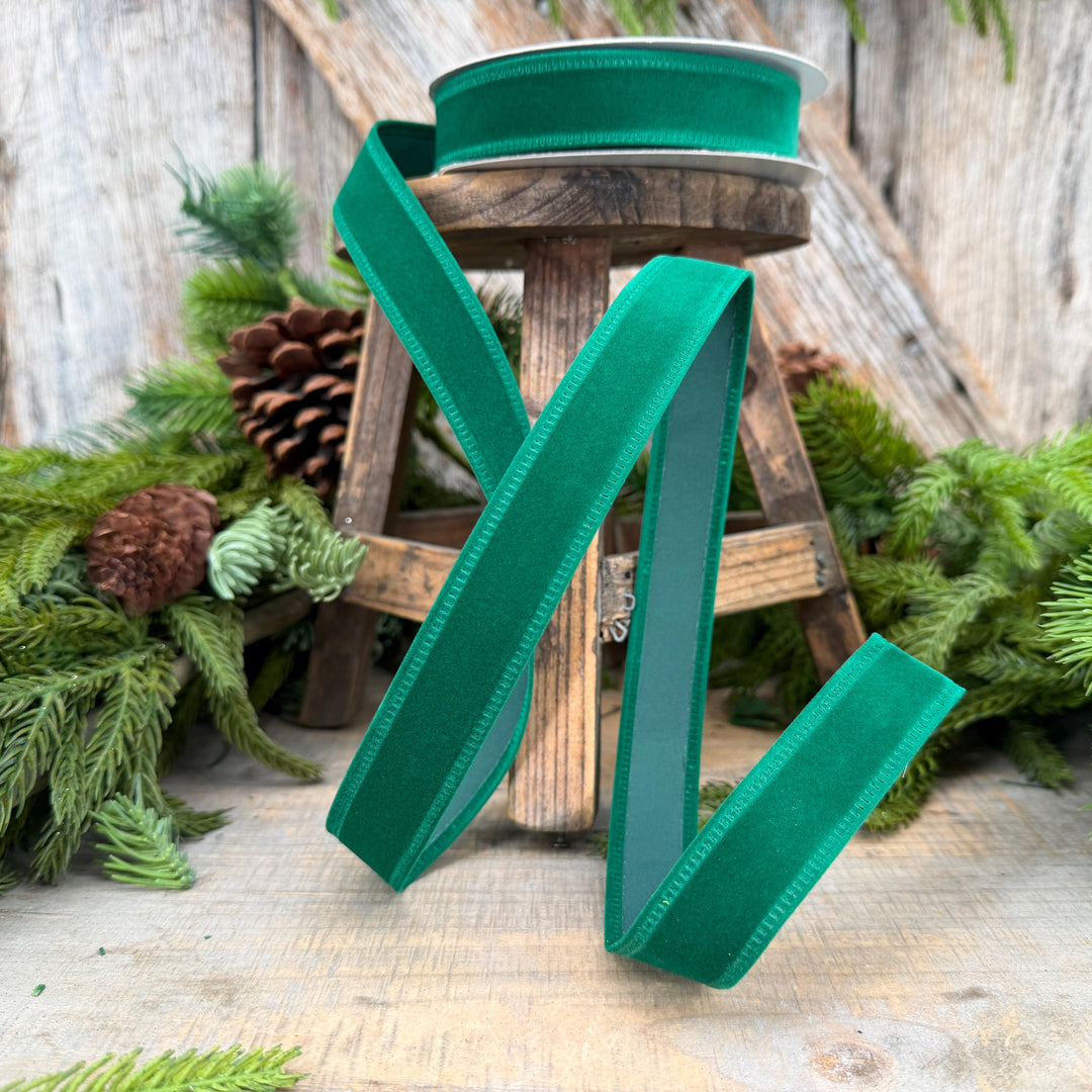 7/8" Green Velvet Ribbon, Green Ribbon, Flocked Ribbon, Narrow Ribbon, Christmas Ribbon, Gift Wrap Ribbon