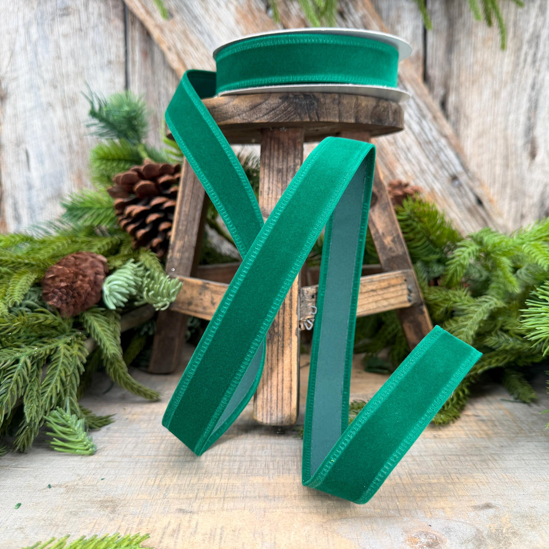 7/8" Green Velvet Ribbon, Green Ribbon, Flocked Ribbon, Narrow Ribbon, Christmas Ribbon, Gift Wrap Ribbon