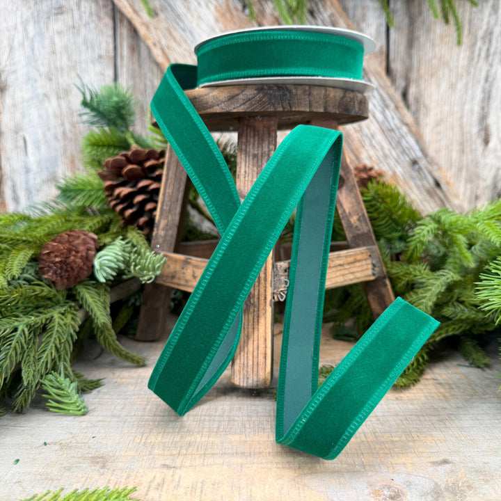 7/8" Green Velvet Ribbon, Green Ribbon, Flocked Ribbon, Narrow Ribbon, Christmas Ribbon, Gift Wrap Ribbon