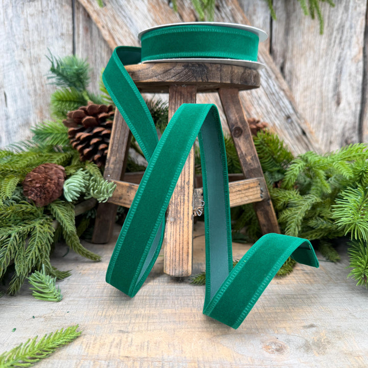 7/8" Green Velvet Ribbon, Green Ribbon, Flocked Ribbon, Narrow Ribbon, Christmas Ribbon, Gift Wrap Ribbon