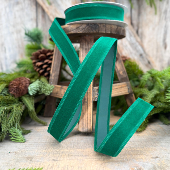 7/8" Green Velvet Ribbon, Green Ribbon, Flocked Ribbon, Narrow Ribbon, Christmas Ribbon, Gift Wrap Ribbon