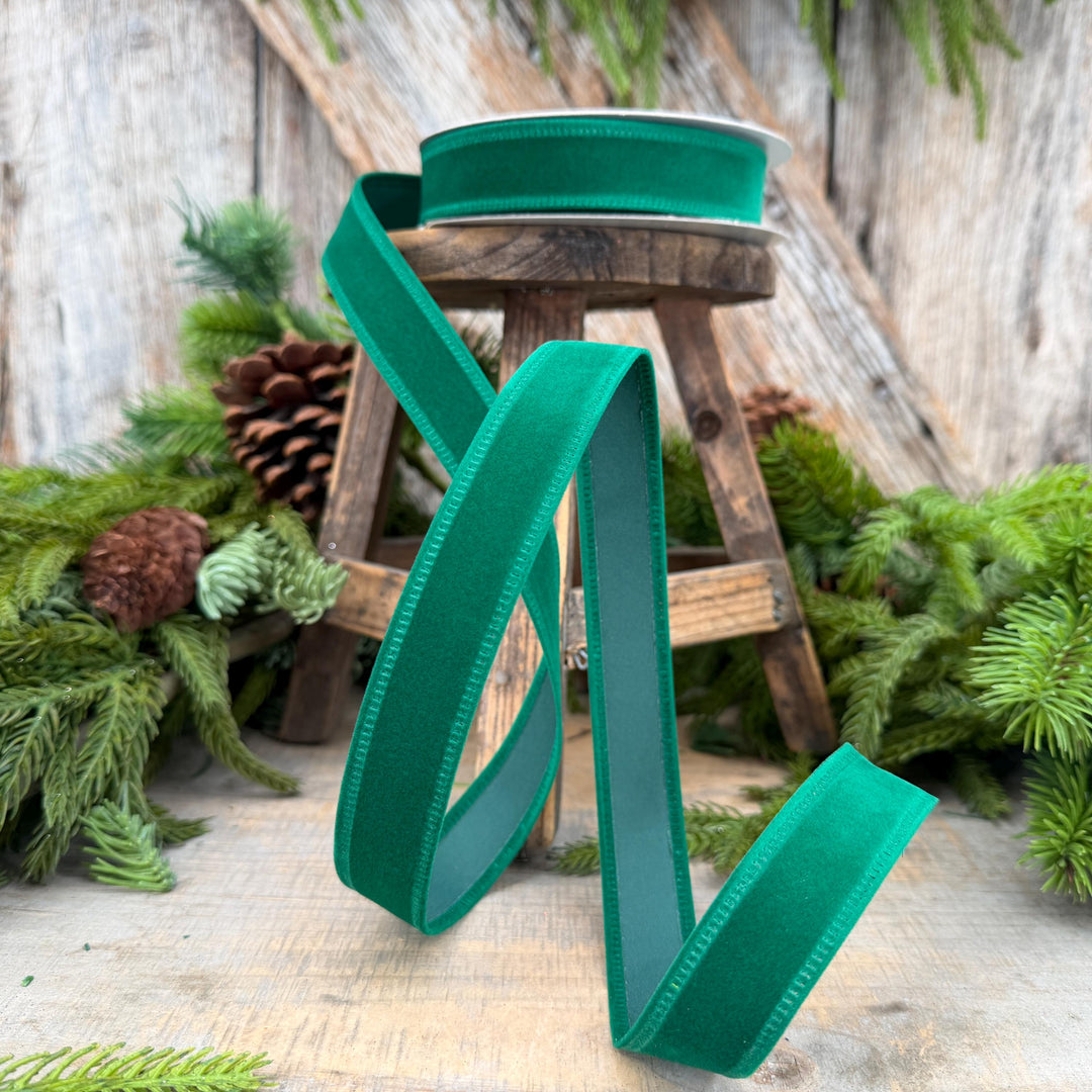 7/8" Green Velvet Ribbon, Green Ribbon, Flocked Ribbon, Narrow Ribbon, Christmas Ribbon, Gift Wrap Ribbon