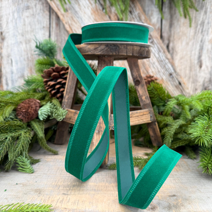 7/8" Green Velvet Ribbon, Green Ribbon, Flocked Ribbon, Narrow Ribbon, Christmas Ribbon, Gift Wrap Ribbon