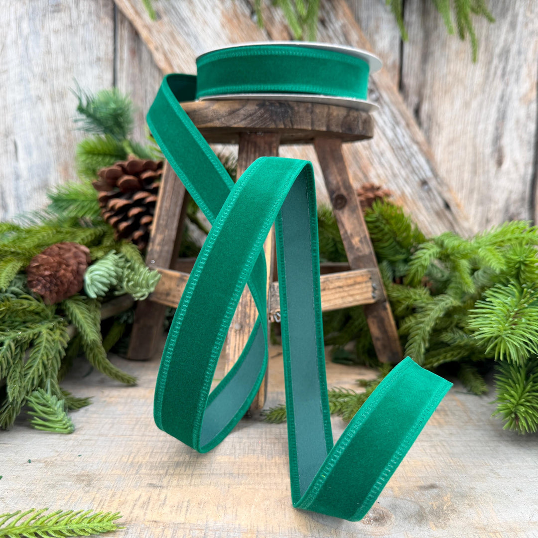 7/8" Green Velvet Ribbon, Green Ribbon, Flocked Ribbon, Narrow Ribbon, Christmas Ribbon, Gift Wrap Ribbon