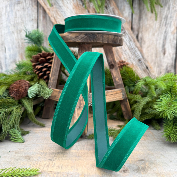 7/8" Green Velvet Ribbon, Green Ribbon, Flocked Ribbon, Narrow Ribbon, Christmas Ribbon, Gift Wrap Ribbon