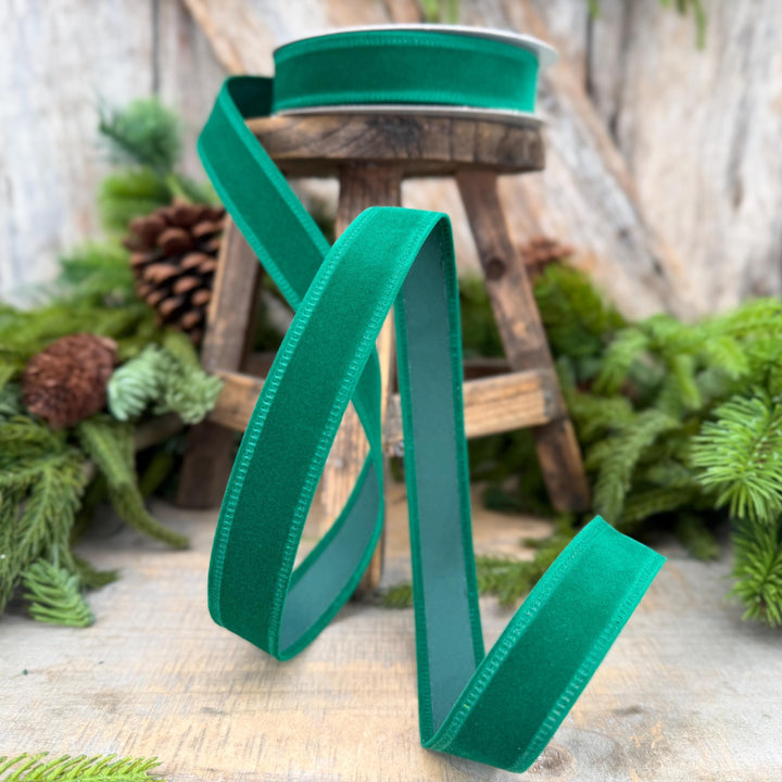 7/8" Green Velvet Ribbon, Green Ribbon, Flocked Ribbon, Narrow Ribbon, Christmas Ribbon, Gift Wrap Ribbon