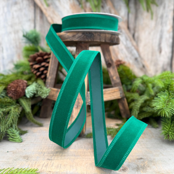 7/8" Green Velvet Ribbon, Green Ribbon, Flocked Ribbon, Narrow Ribbon, Christmas Ribbon, Gift Wrap Ribbon