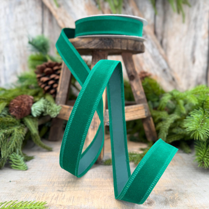 7/8" Green Velvet Ribbon, Green Ribbon, Flocked Ribbon, Narrow Ribbon, Christmas Ribbon, Gift Wrap Ribbon