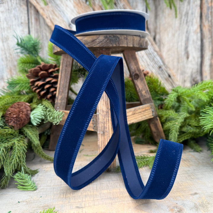 7/8" Navy Blue Velvet Ribbon, Blue Ribbon, Flocked Ribbon, Narrow Ribbon, Christmas Ribbon, Gift Wrap Ribbon