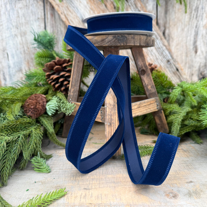 7/8" Navy Blue Velvet Ribbon, Blue Ribbon, Flocked Ribbon, Narrow Ribbon, Christmas Ribbon, Gift Wrap Ribbon