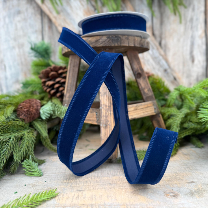 7/8" Navy Blue Velvet Ribbon, Blue Ribbon, Flocked Ribbon, Narrow Ribbon, Christmas Ribbon, Gift Wrap Ribbon