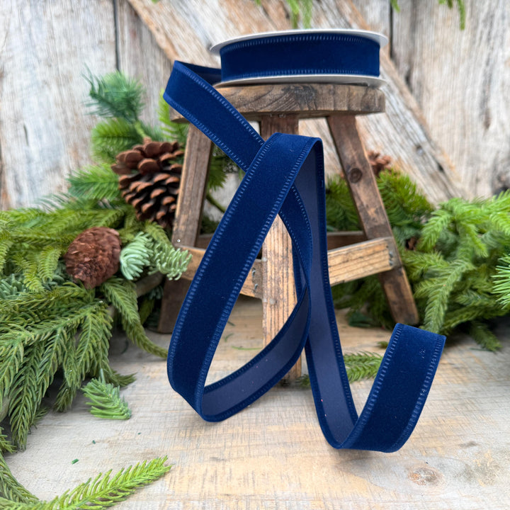 7/8" Navy Blue Velvet Ribbon, Blue Ribbon, Flocked Ribbon, Narrow Ribbon, Christmas Ribbon, Gift Wrap Ribbon