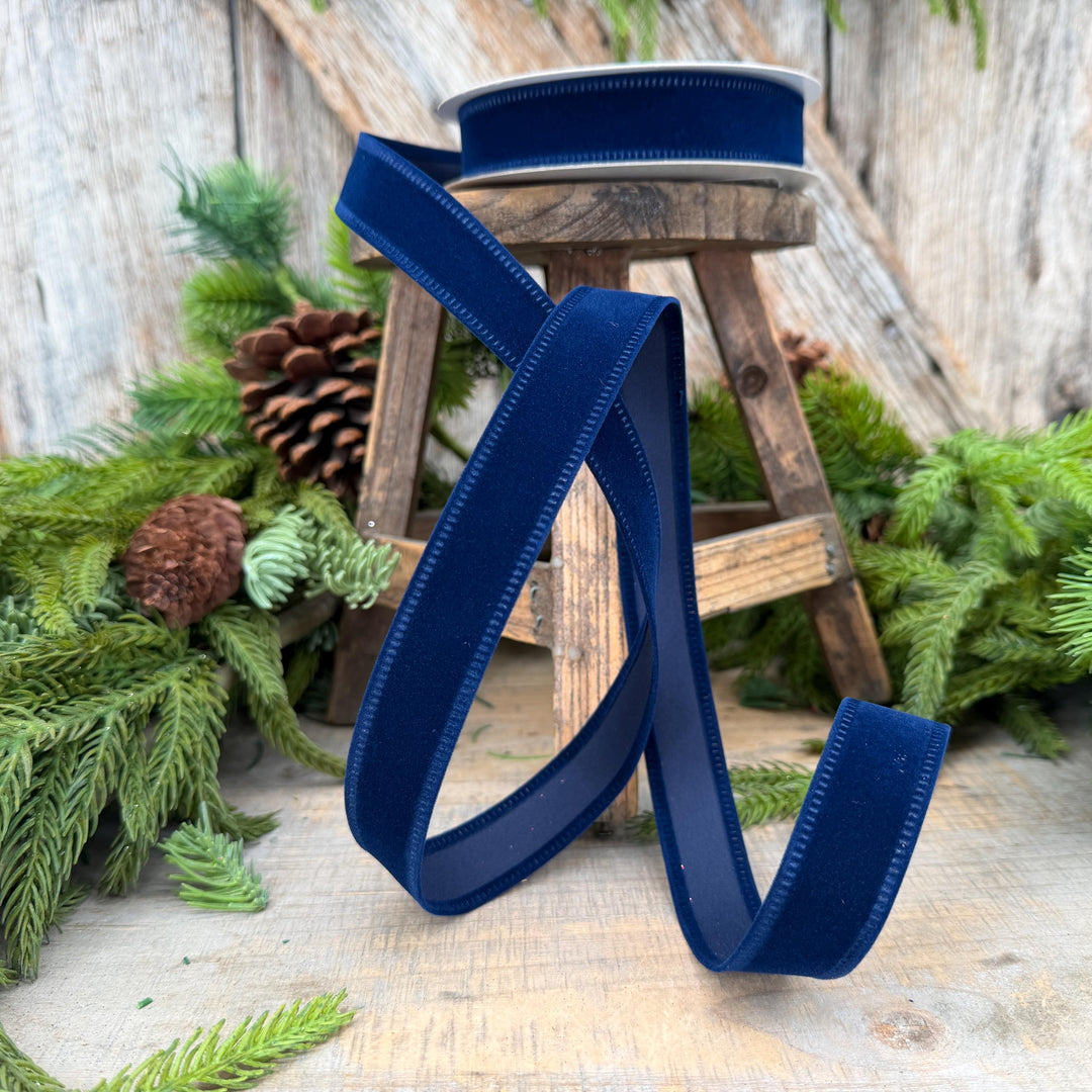 7/8" Navy Blue Velvet Ribbon, Blue Ribbon, Flocked Ribbon, Narrow Ribbon, Christmas Ribbon, Gift Wrap Ribbon