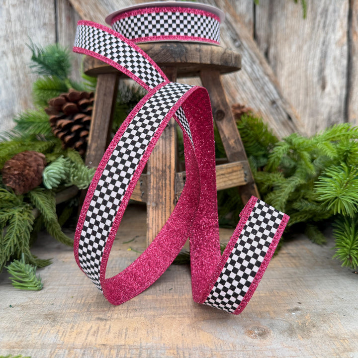 1" Black White Check Hot Pink Glitter Wired Ribbon, 10 Yard Roll