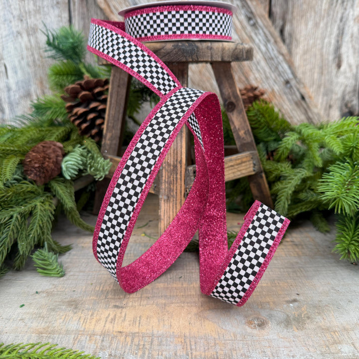 1" Black White Check Hot Pink Glitter Wired Ribbon, 10 Yard Roll