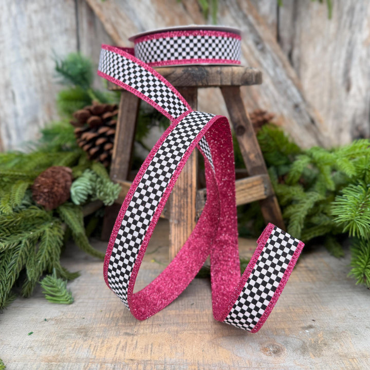 1" Black White Check Hot Pink Glitter Wired Ribbon, 10 Yard Roll