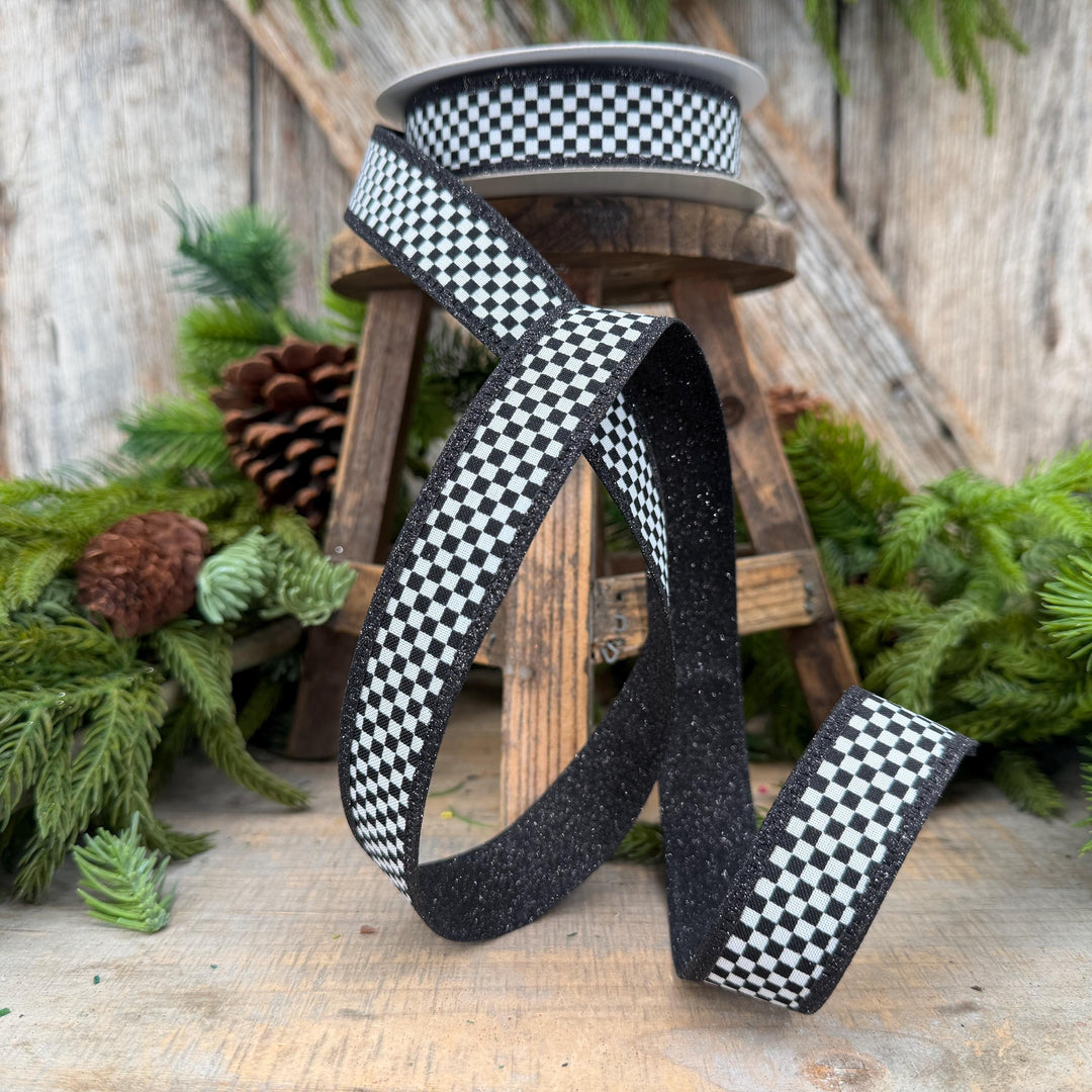 1" Black White Check Ribbon