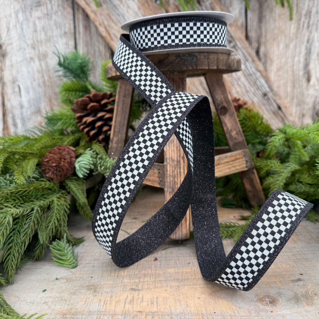 1" Black White Check Ribbon