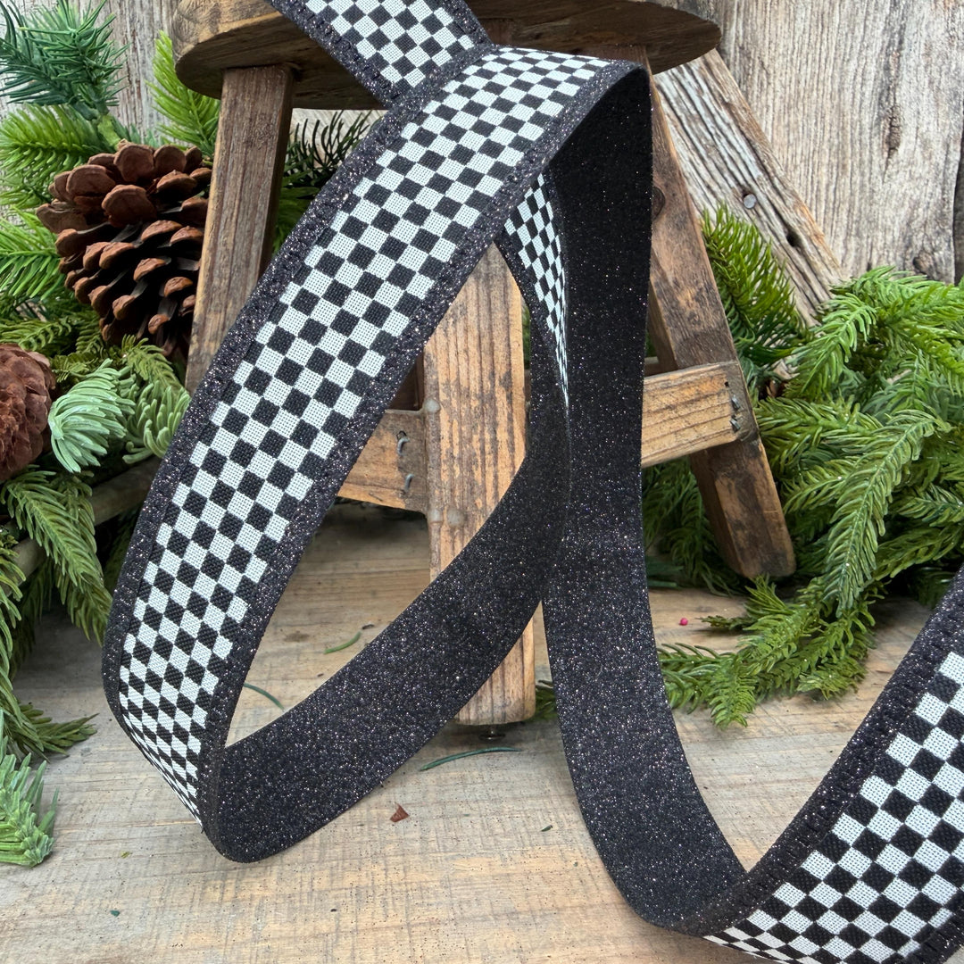 1" Black White Check Ribbon