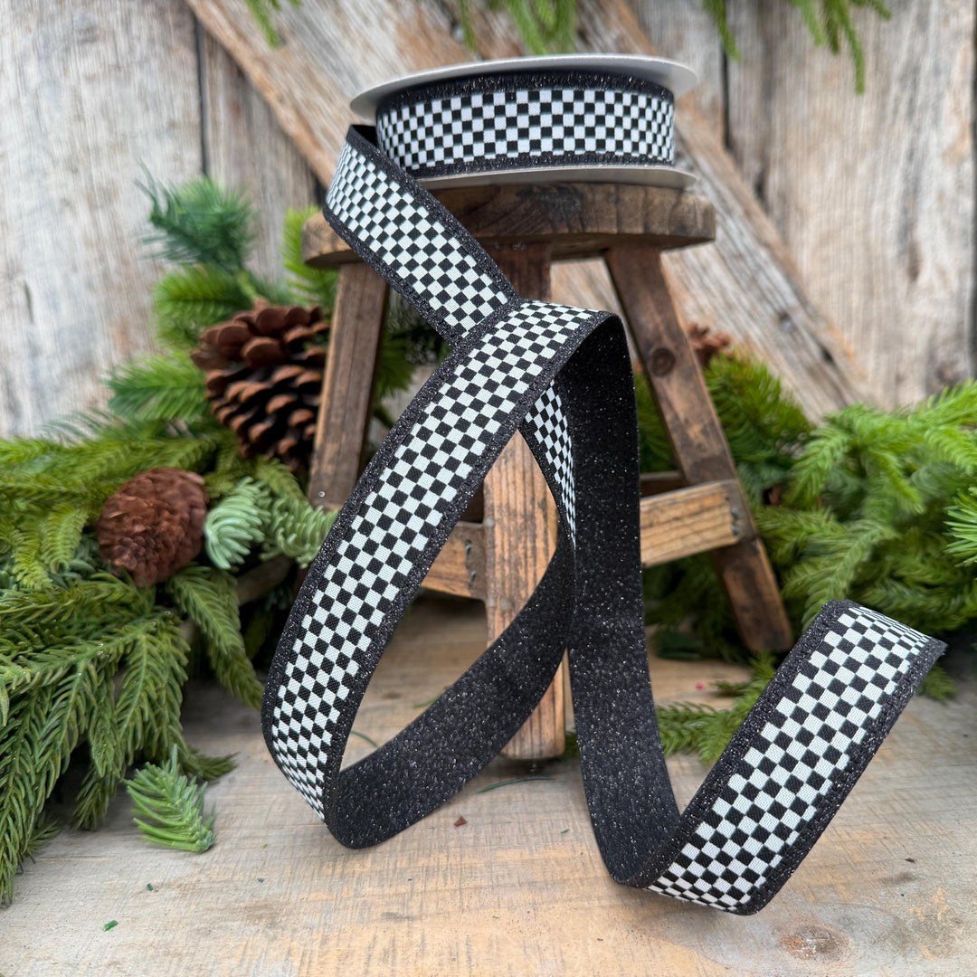 1" Black White Check Ribbon