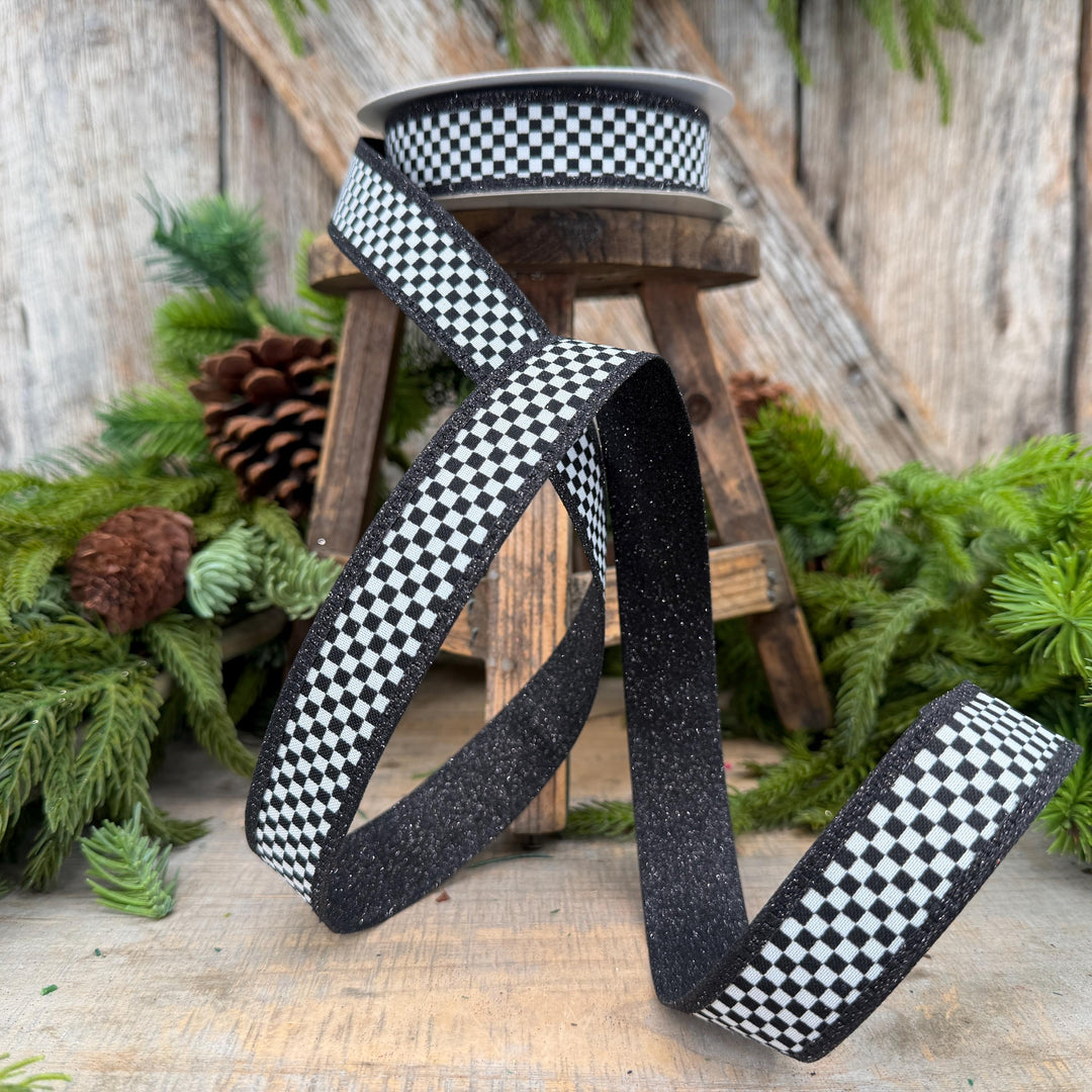 1" Black White Check Ribbon