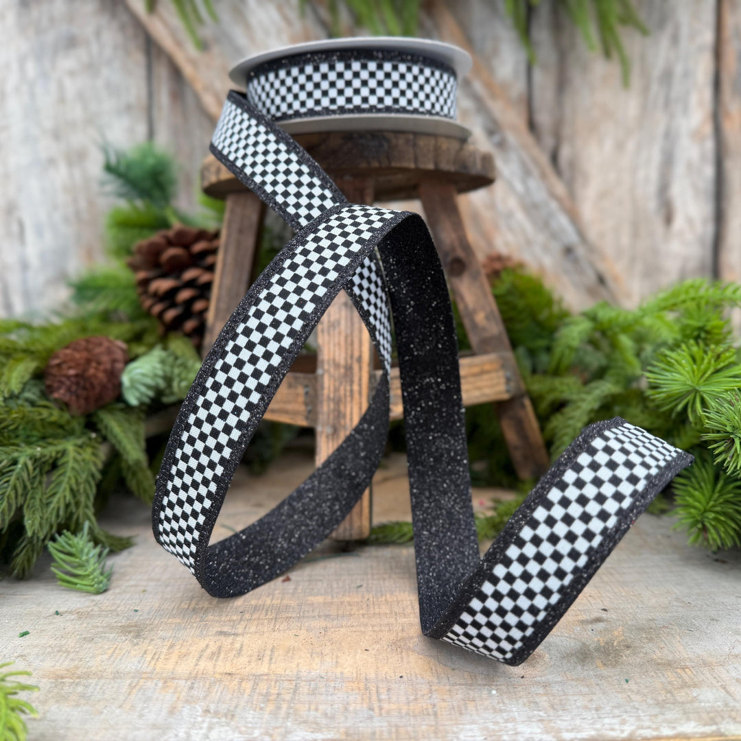 1" Black White Check Ribbon