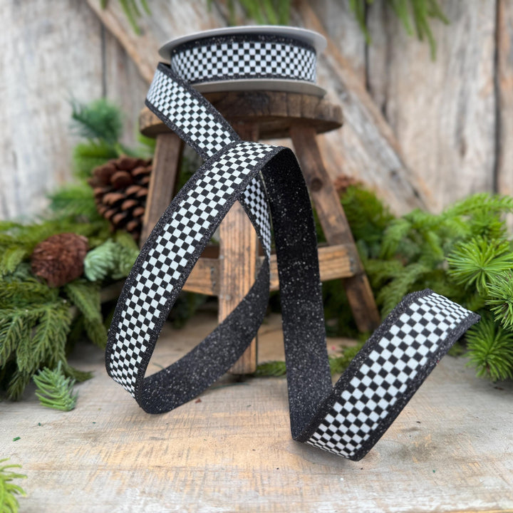 1" Black White Check Ribbon