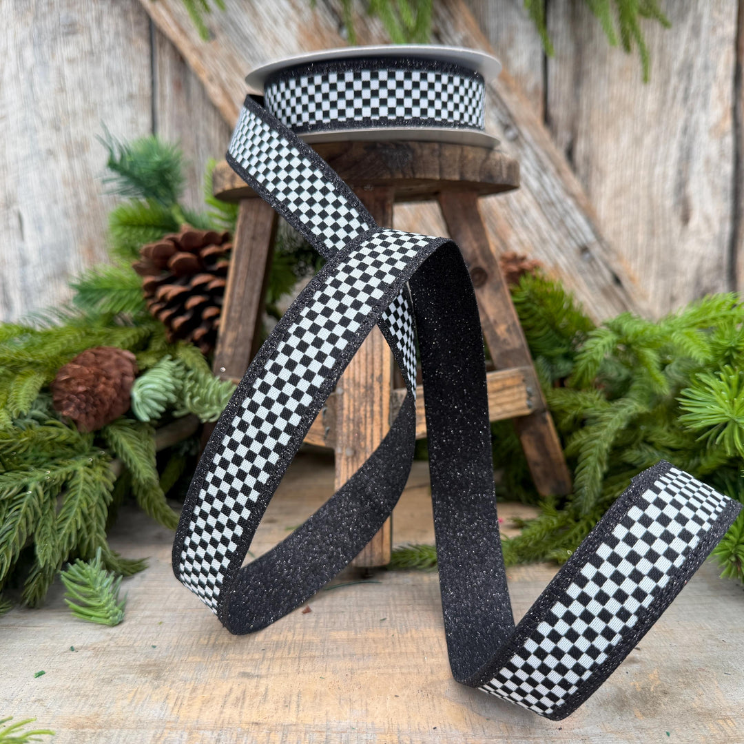 1" Black White Check Ribbon